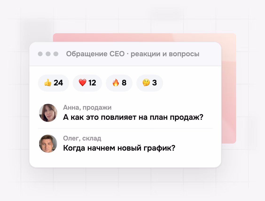 Реакции и вопросы сотрудников под обращением руководителя