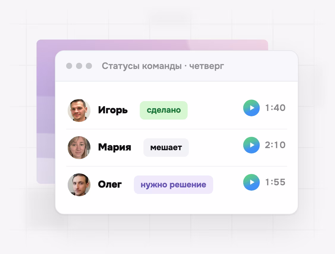 Видеостатусы команды: сделано, мешает, нужно решение